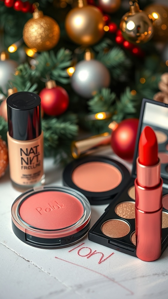 Makeup products for a simple Christmas look with festive decorations.